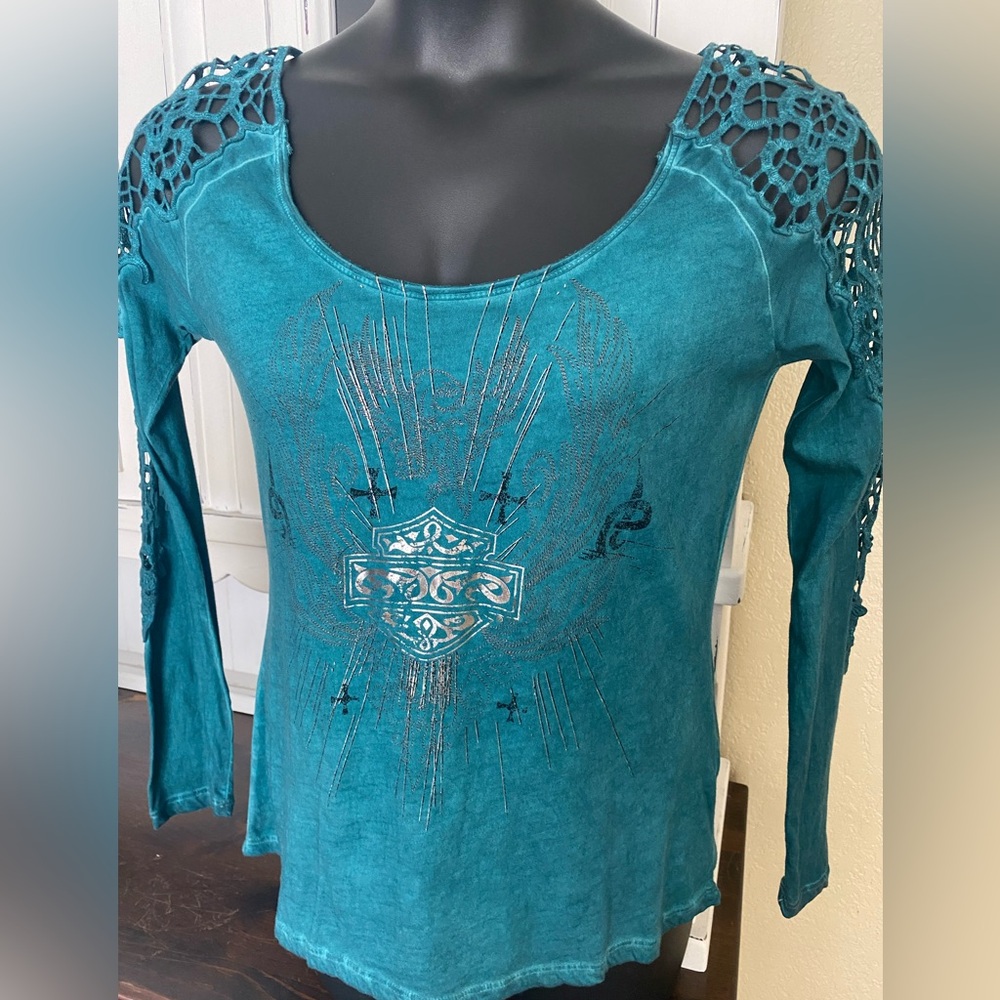 Harley Davidson Sexy Teal Long Sleeve Top with Crochet Details.